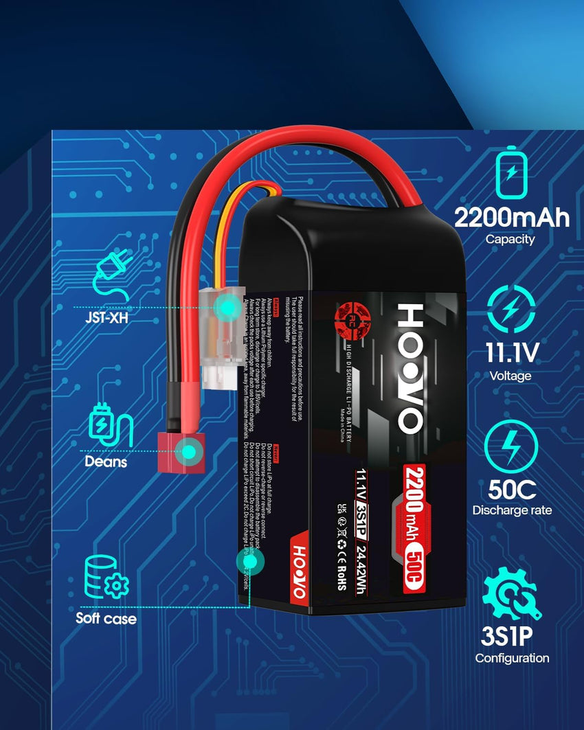 LiPo Battery 2200mAh 11.1V 50C SoftCase 3S for RC Vehicles (2 Pack) T-Plug