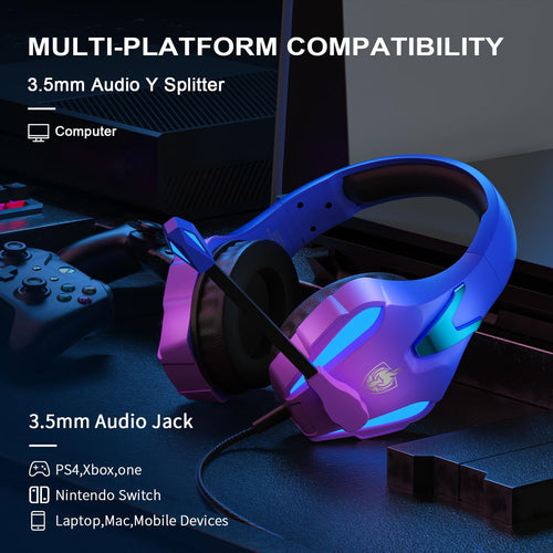 YOTMS PS4 Gaming Headset for Xbox One, PS5, PC, Wired Gaming Headset with Bass Surround, Over Ear Headphones with Mic, 3.5mm interface (Violet)