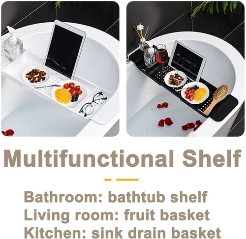 Expandable Drain Bath Shelf Caddy Tray, Multifunctional Plastic Bathtub Tray Bathroom Organizer Simple Stylish Bathtub Storage Rack for Candle Towel, Book, Wine, Phone, Shower (Grey)