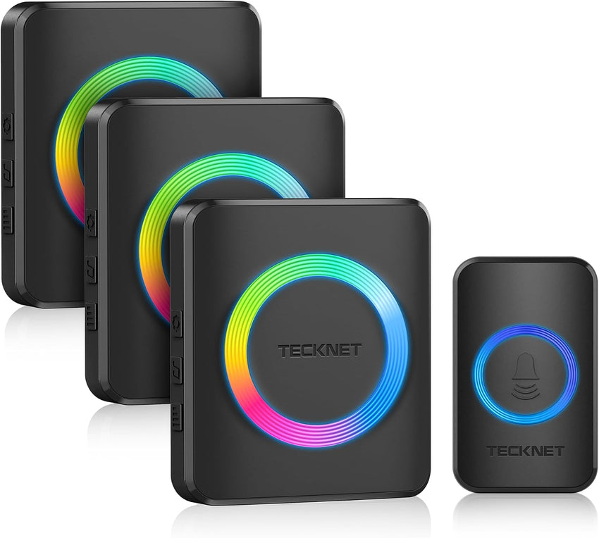 TECKNET Wireless Doorbell 3 Receivers, Door Chime Kit with RGB Light, 400 M/1300 ft Wireless Range, IP65 Waterproof Door bell, 60 Chimes & 5 Level Volume Plug in Receiver for Home, School,Office,Black