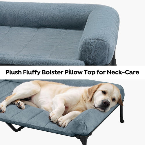 Veehoo Elevated Dog Bed with Removable Bolster, Fluffy Raised Dog Bed off Ground Elevated Dog Bed Portable Raised Pet Cot with Cushion, No-Slip Feet Indoor Outdoor, Haze Blue 125 x 83 x 23 cm
