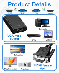 VGA to HDMI Adapter with Audio 1080P VGA Source to HDMI Display Converter with Power Cord Male to Female Connector Male to Female Connector for TV HDTV Projector Monitor Laptop Computer Desktop, Black