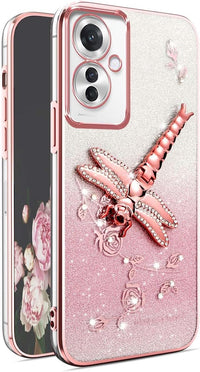 Transparent Glitter Case for Oppo Reno11 F 5G / Reno 11F 5G, Ultra Thin Glitter Bling TPU Shockproof Mobile Phone Case, Shiny Flowers Dragonfly Stand Girl Protective Case Pink