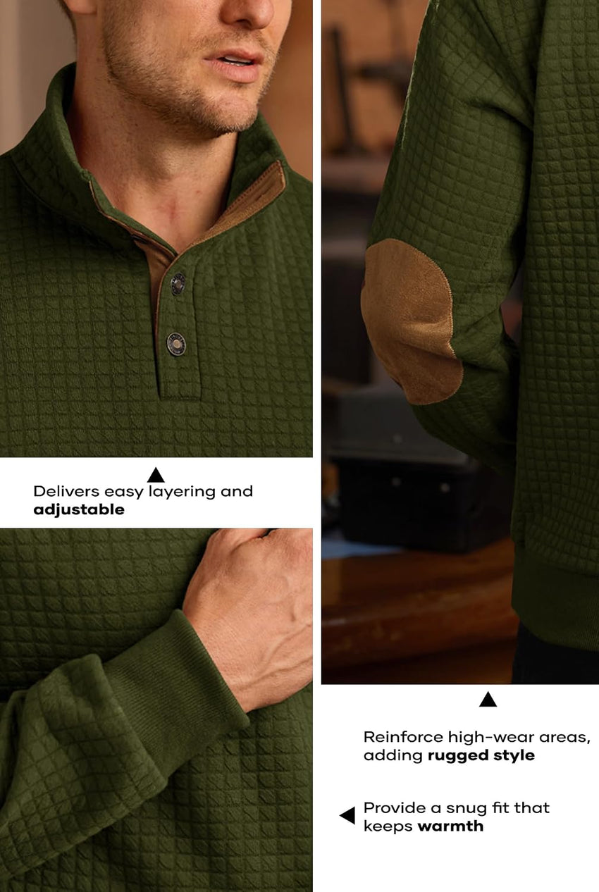 Men's Waffle Pullover Ribbed Corduroy Stand Collar Fleece-Lined Quarter Zip Sweater Green L