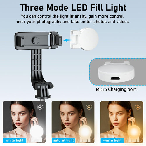 POWOMAO Selfie Stick Tripod with Fill Light,125cm Portable Telescopic Selfie Stick with Detachable Remote Control and Stable Tripod for iPhone/Samsung/Huawei/Smartphones