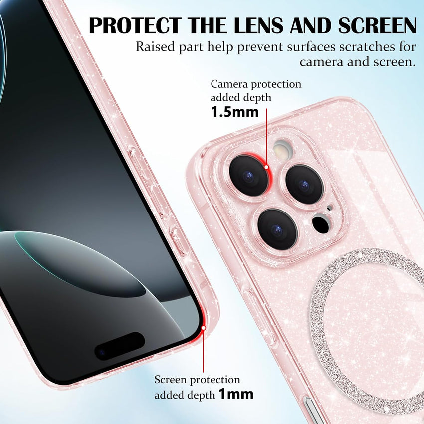Newseego Magnetic Phone Case for iPhone 16 Pro [Compatible with Magsafe], Clear Shiny Glitter Girls Women Screen Camera Shockproof Protection Bumper Dustproof Cover for iPhone 16 Pro-Pink
