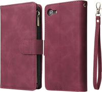 QLTYPRI Case for iPhone 7/8/SE 2020/SE 2022 5G, Large Capacity Leather Wallet Case 6 Card Holder & 1 Zipper Pocket Kickstand Wrist Strap Magnetic Case for iPhone SE 2022/SE 2020/8/7 - Red