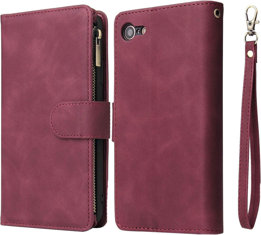 QLTYPRI Case for iPhone 7/8/SE 2020/SE 2022 5G, Large Capacity Leather Wallet Case 6 Card Holder & 1 Zipper Pocket Kickstand Wrist Strap Magnetic Case for iPhone SE 2022/SE 2020/8/7 - Red