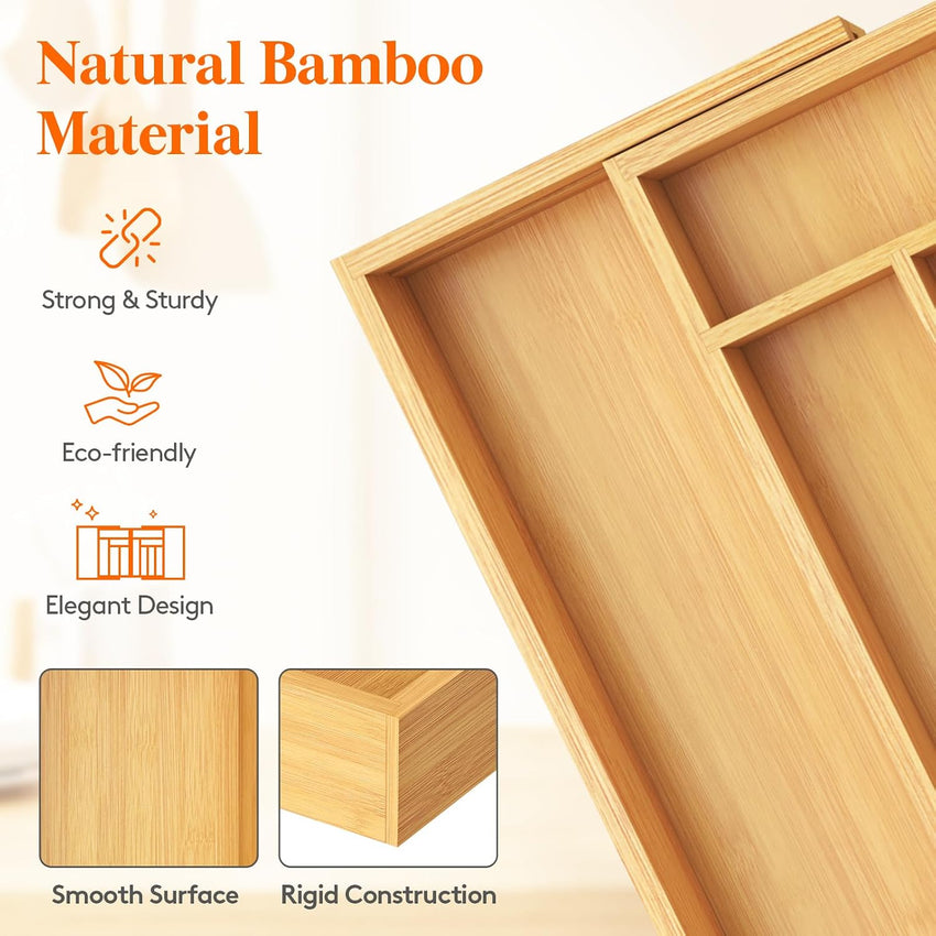 Lifewit Bamboo Extra Large Cutlery Drawer Organiser, Expandable to 36 Inches Cutlery Tray for Kitchen, Adjustable Silverware and Flatware Holder, Plastic Utensil Storage for Spoons Forks Knives
