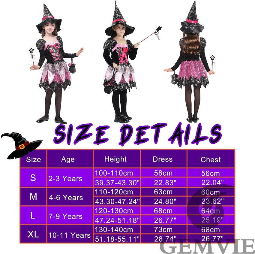GEMVIE Halloween Witch Costume for Kids â Dress, Hat, Wand, Candy Bag