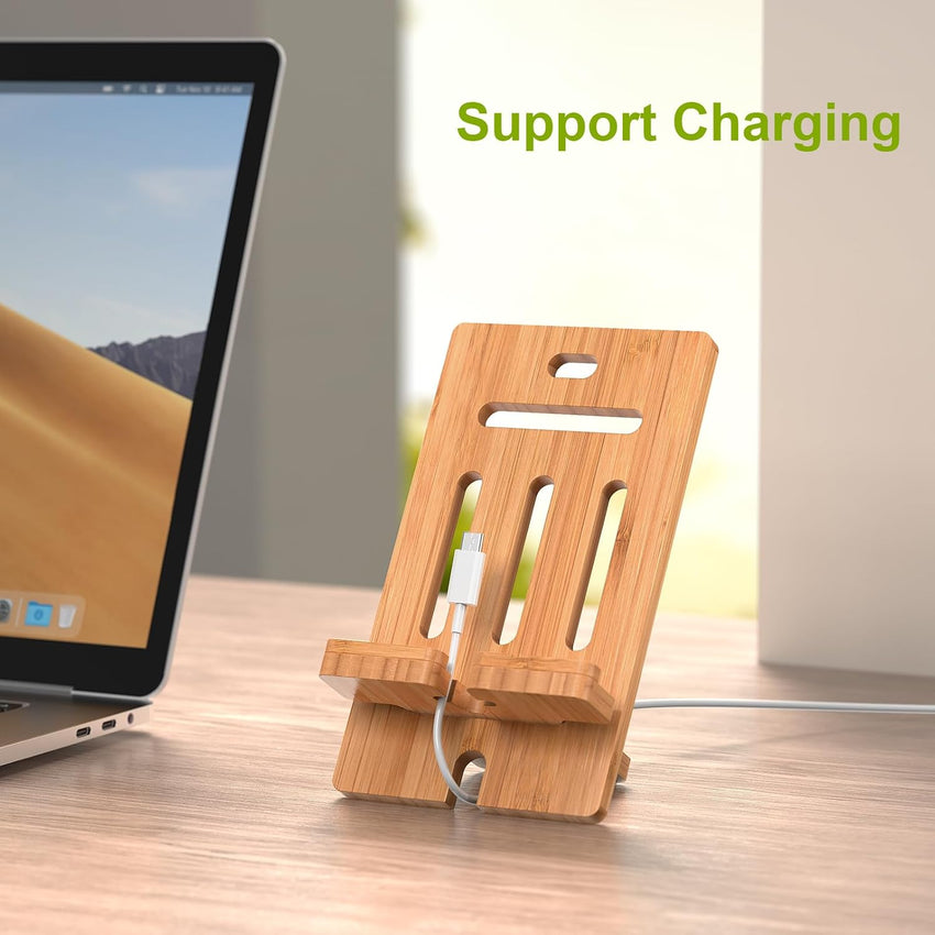 Pezin & Hulin Bamboo Cell Phone Tablet Stand-Natural Bamboo | Wooden Smart Phone Desktop Charging Dock Holder Compatible with Pad, All Android Cellphone, Tablet - 1 Pack