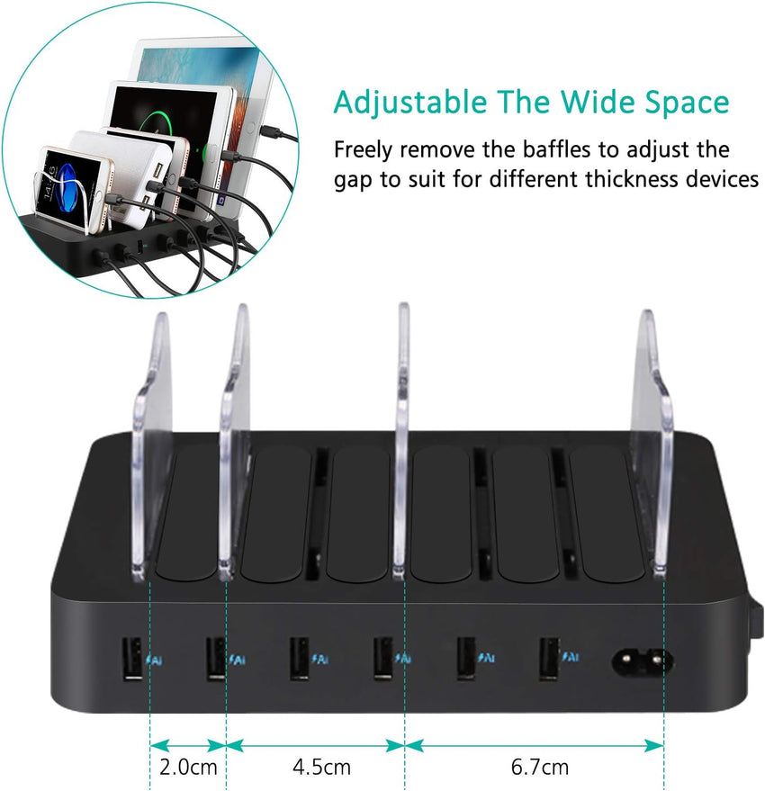 6-Port USB Charger Station Smart IC Multi-Device Charging Dock Black