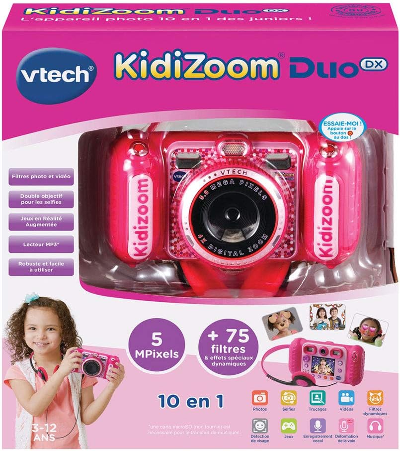 VTech - KidiZoom Duo DX Pink, 10-in-1 Digital Camera for Children, Photo, Selfie, Video, Colour Screen, MP3 Player, Audio Headphones, Gift for Children from 3 to 12 Years