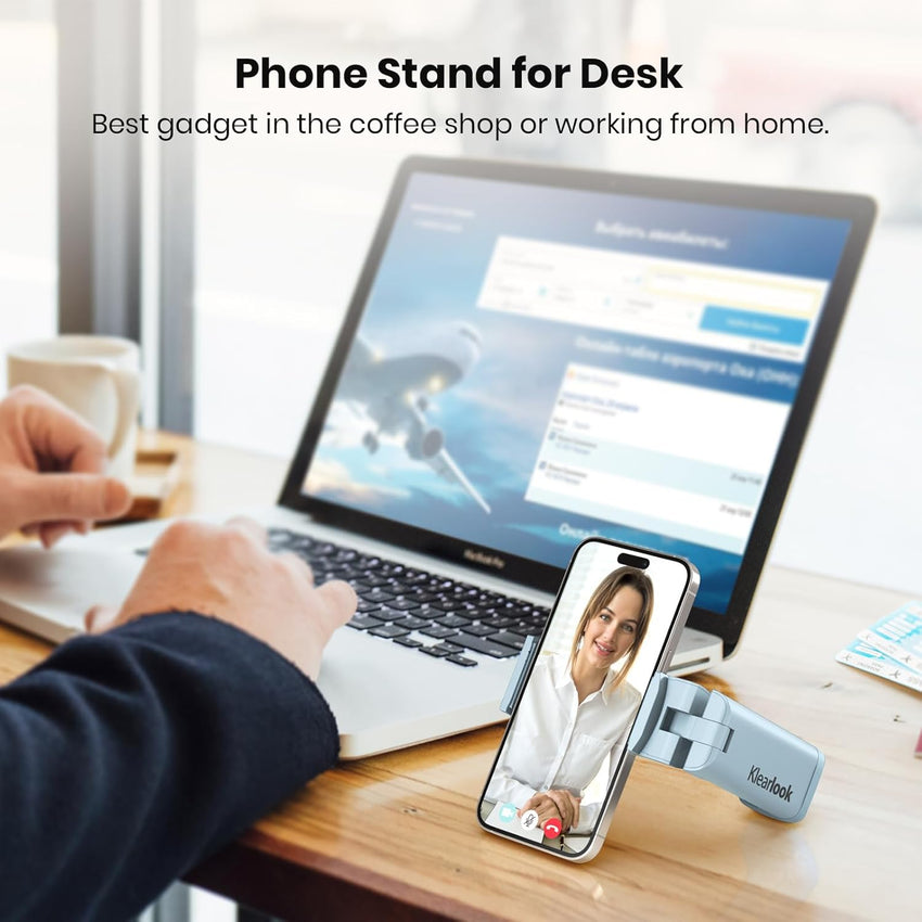 Klearlook 4 in 1 Adjustable Phone Stand - 360 Rotation Handsfree Viewing Flight Phone Holder, Foldable Travel Essentials, Accessory for Home/Office - Blue