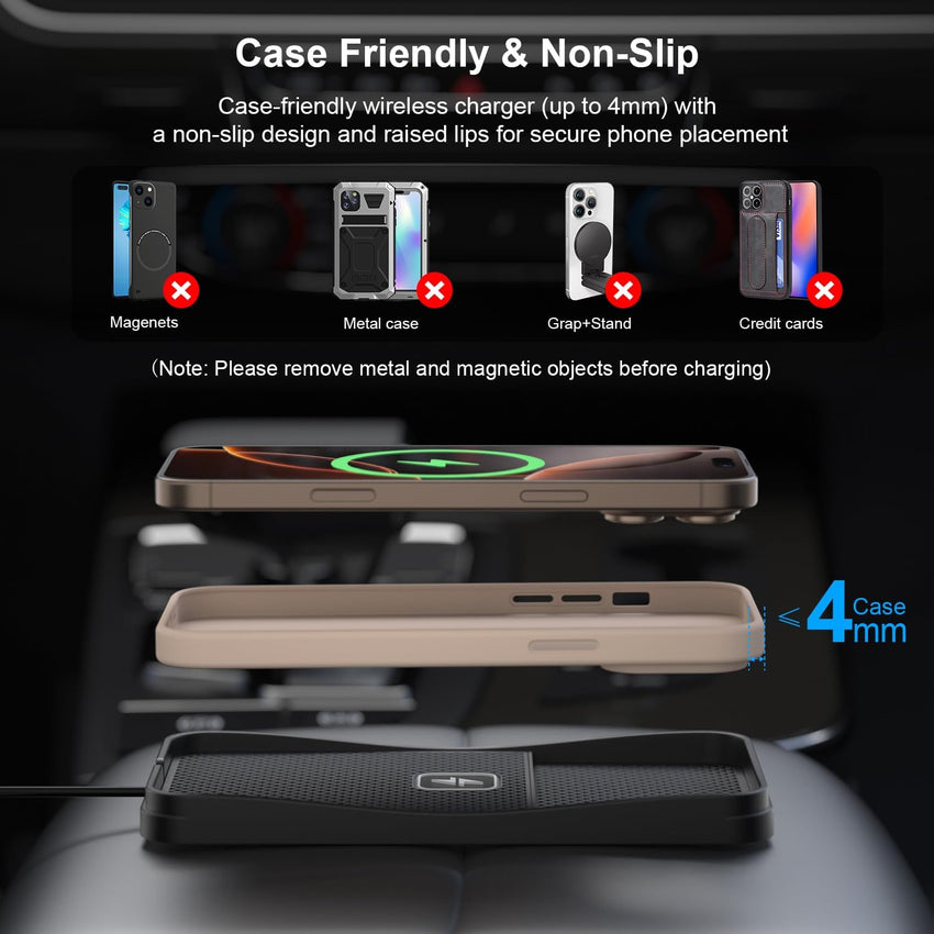 Wireless Car Charging Pad, Polmxs 15W Fast Wireless Car Charger Pad Non Slip Charging Mat 30cm Cable with 70cm Extension Cable Compatible with iPhone 17/16/15/14/13/12/11, Samsung, Google