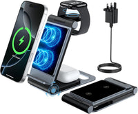 Wireless Charging Station 3 in 1 Foldable Wireless Charger Stand, Travel Charger for iPhone 16 15 14 13 12 11 Pro Max XR XS, for Apple Watch 10 9 8 7 6 5 4 3 2 SE, for AirPods 3 2 Pro Dark Black Grey