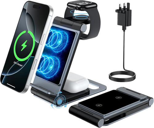 Wireless Charging Station 3 in 1 Foldable Wireless Charger Stand, Travel Charger for iPhone 16 15 14 13 12 11 Pro Max XR XS, for Apple Watch 10 9 8 7 6 5 4 3 2 SE, for AirPods 3 2 Pro Dark Black Grey