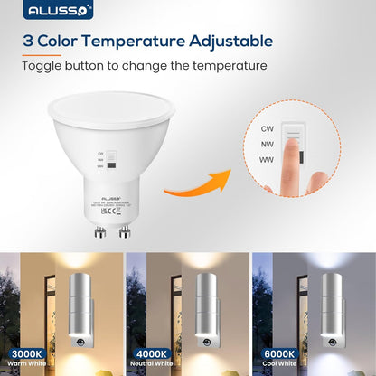 ALUSSO LED Outdoor Wall Light Motion Sensor,IP65 Stainless Steel Up Down Light Mains Powered,Warm White/Neutral White/Cool White Selectable,2x8W GU10 Included,Outside Sconce Wall Mounted for Porch