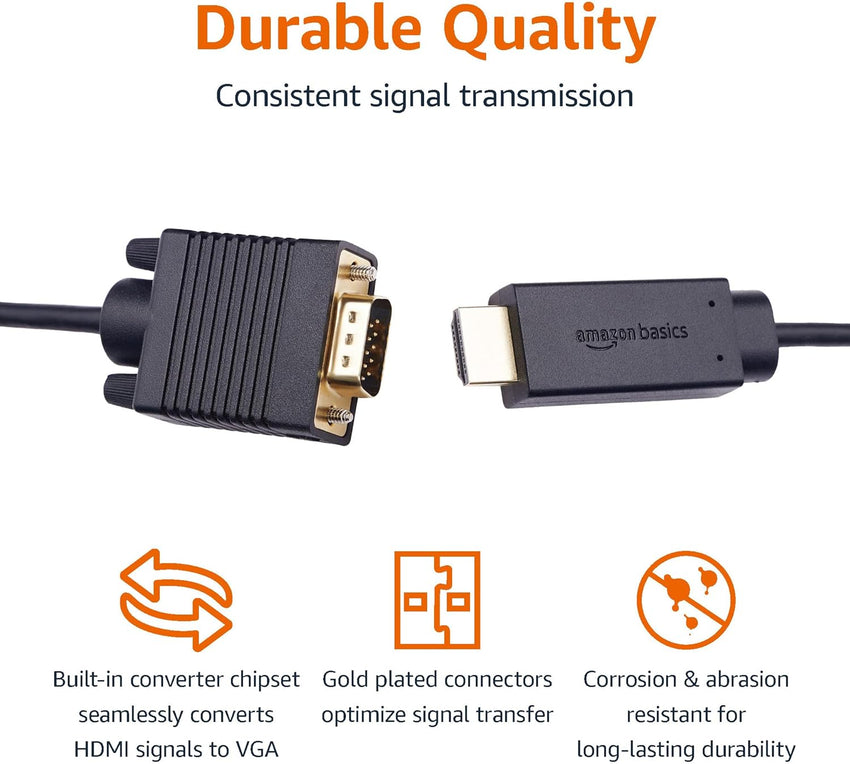 Amazon Basics HDMI (Source) to VGA (Display) Cable (NOT Bidirectional), Gold-Plated, 6 feet, Black