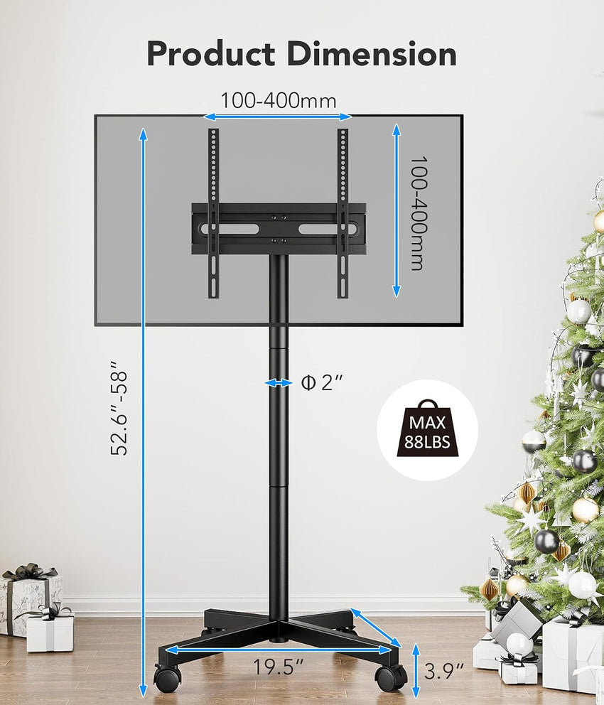Mobile TV Stand 23-60in Height Adjustable Tilting Rolling Cart VESA 400x400mm Black