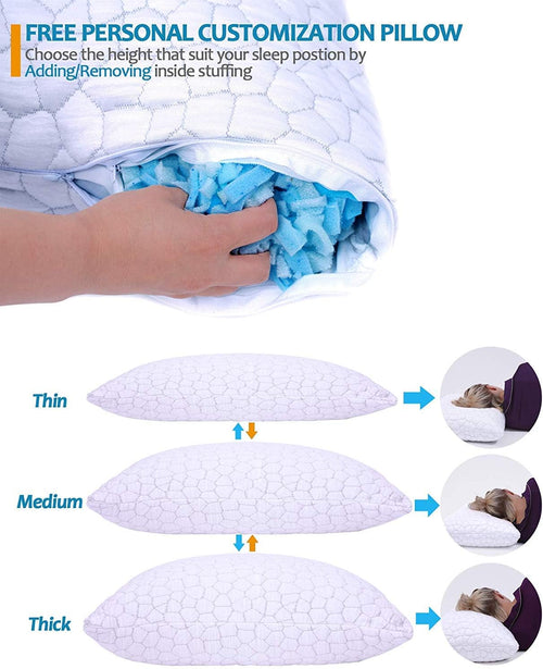 CompuClever Shredded Memory Foam Pillows for Sleeping Cooling Bed Pillow with Adjustable Loft Hypoallergenic Bed Pillows for Side and Back Sleepers Washable Removable Derived Rayon Cover (1-Pack)