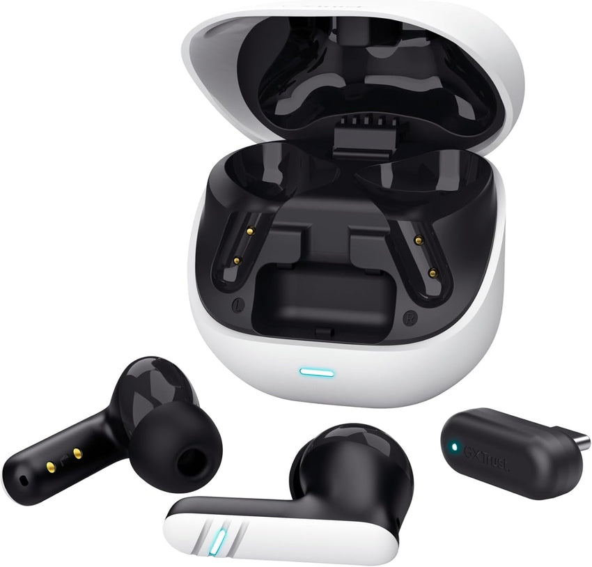 GXTrust 409 Oxxie Wireless Earbuds PS5 Switch PC Mobile, Bluetooth or USB-C Receiver, Gaming Earphones with 4 ENC Noise Cancelling Microphones, 40h Battery Life, Low Latency Stereo In Ear Buds, White