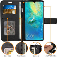 TECHGEAR Compatible with Huawei P30 Pro Leather Wallet Case, Flip Protective Case Cover with Card Slots, Kickstand and Wrist Strap - Black PU Leather fit Huawei P30 Pro