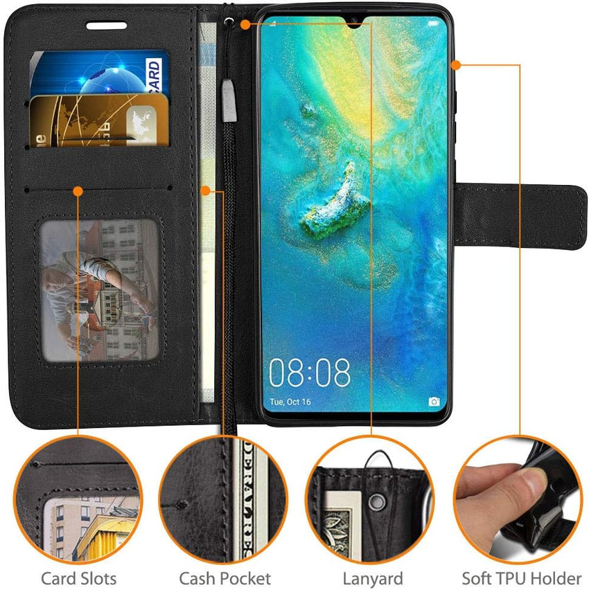 TECHGEAR Compatible with Huawei P30 Pro Leather Wallet Case, Flip Protective Case Cover with Card Slots, Kickstand and Wrist Strap - Black PU Leather fit Huawei P30 Pro
