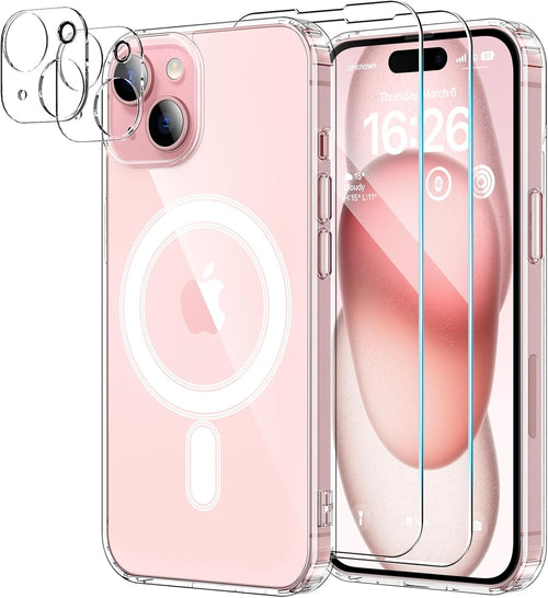 YNMEacc 5 in 1 Magnetic for iPhone 15 Case with 2X Screen Protector + 2 Lens Protector, [Compatible with MagSafe] Slim Soft TPU Silicone Shockproof Anti-Scratch Phone Cover - Clear