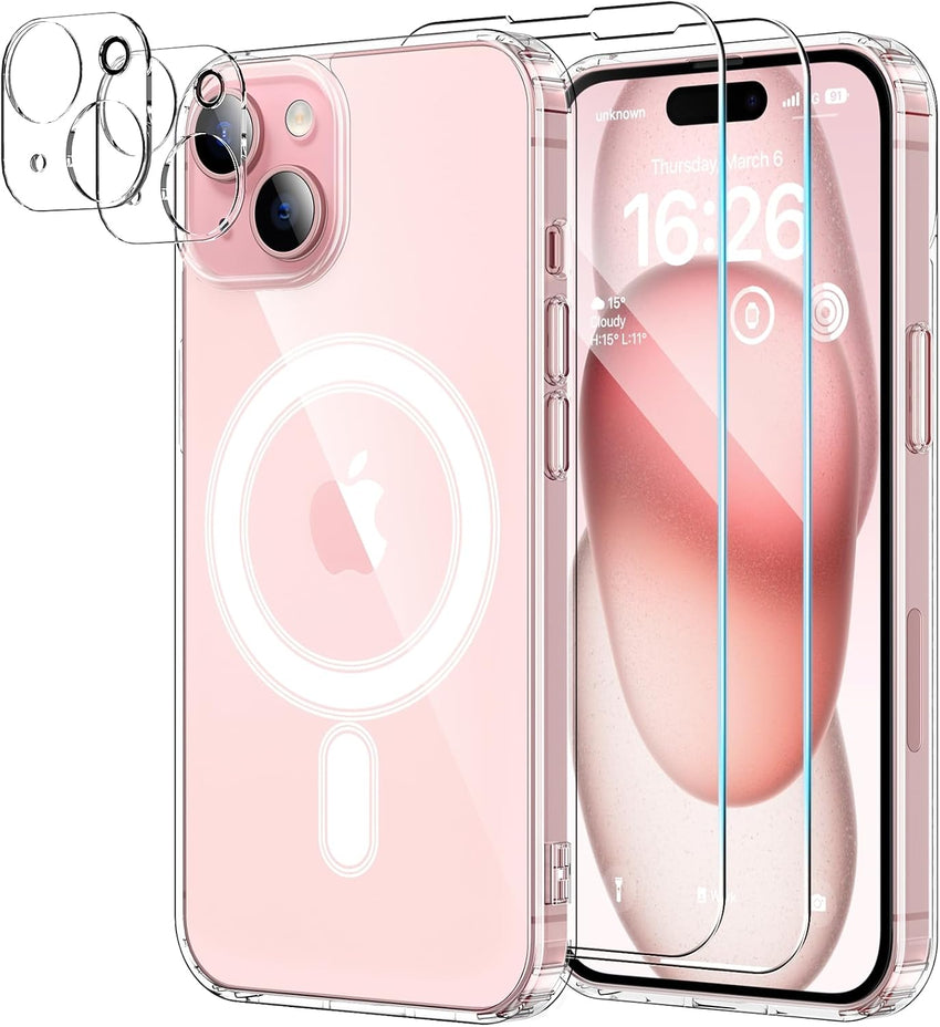 YNMEacc 5 in 1 Magnetic for iPhone 15 Case with 2X Screen Protector + 2 Lens Protector, [Compatible with MagSafe] Slim Soft TPU Silicone Shockproof Anti-Scratch Phone Cover - Clear