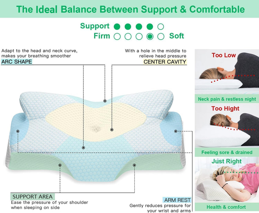 Elviros Cervical Contour Memory Foam Pillow for Neck Pain Orthopedic Neck Pillow for Shoulder Pain Ergonomic Head Neck Support Pillow for Side/Back/Stomach Sleepers with Removable Cover (Blue)