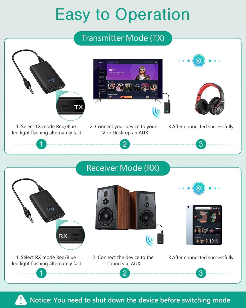 ORIA Bluetooth 5.3 Transmitter Receiver, Bluetooth Audio Adapter 3.5mm Jack for TV to Compatible Wireless Headphones, Low Latency, CVC Noise Reduction for PC, Speakers, Home Stereo