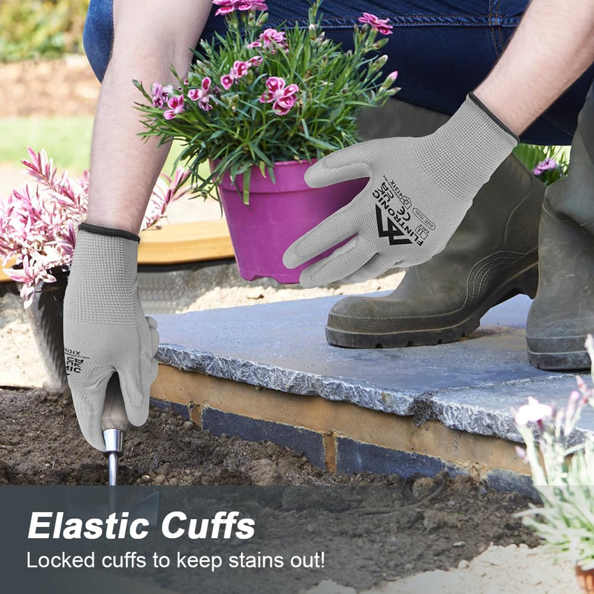 Work Gloves PU-Coated Non-Slip 12-Pair Protective for Gardening & General Duty â Grey XL