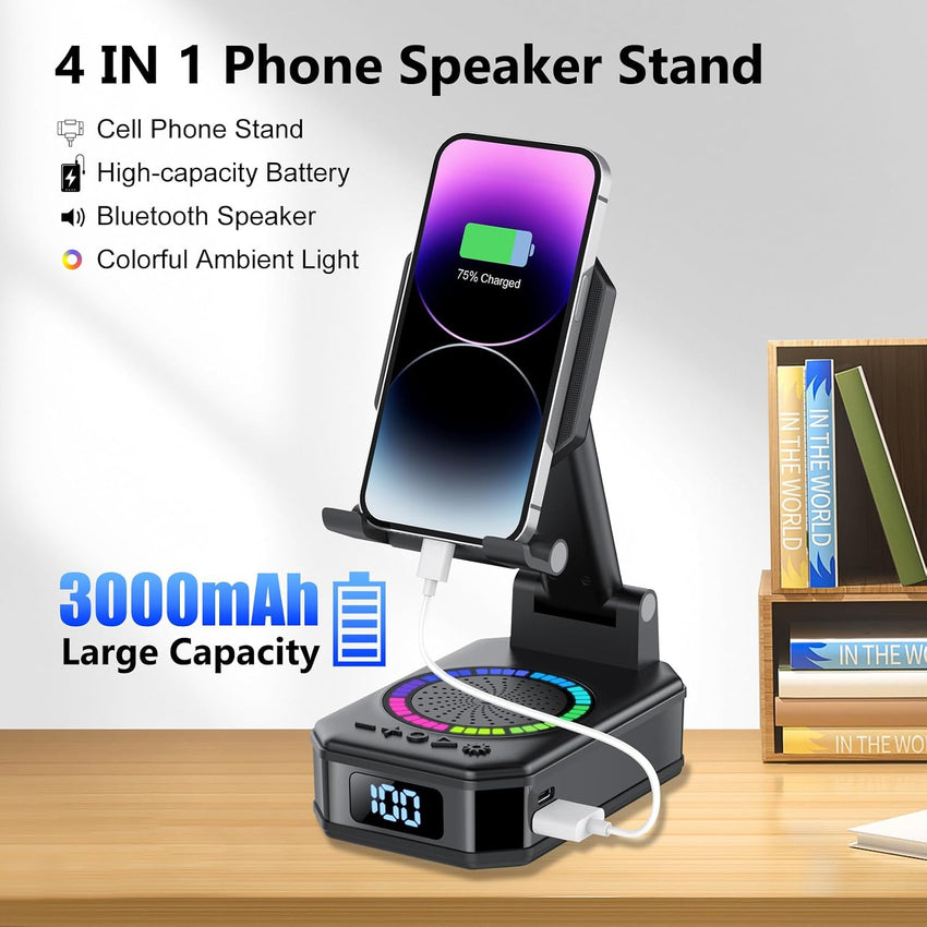 Phone Stand with Bluetooth Speaker 4-in-1 Wireless Charger Foldable RGB Lights