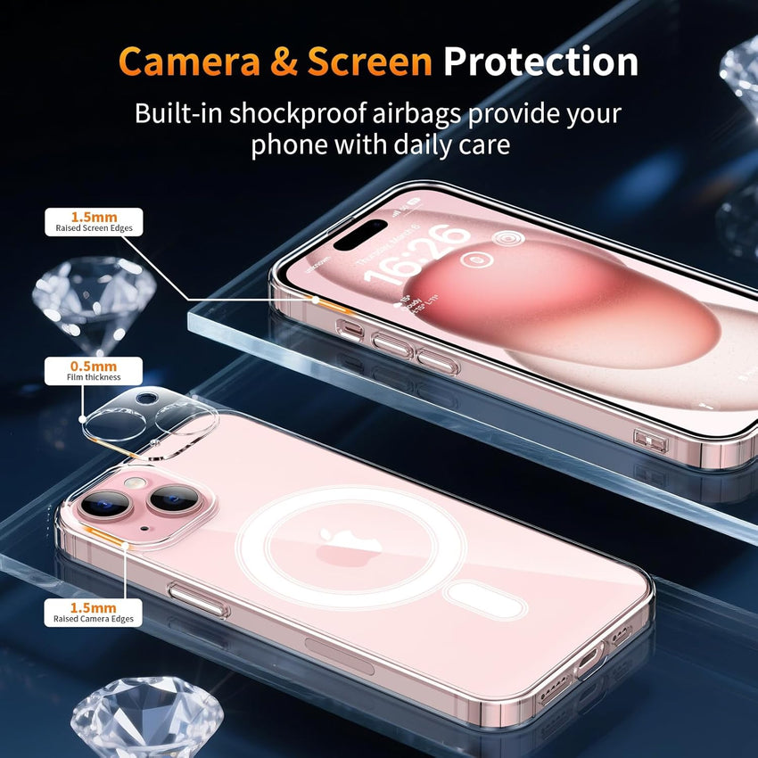 YNMEacc 5 in 1 Magnetic for iPhone 15 Case with 2X Screen Protector + 2 Lens Protector, [Compatible with MagSafe] Slim Soft TPU Silicone Shockproof Anti-Scratch Phone Cover - Clear