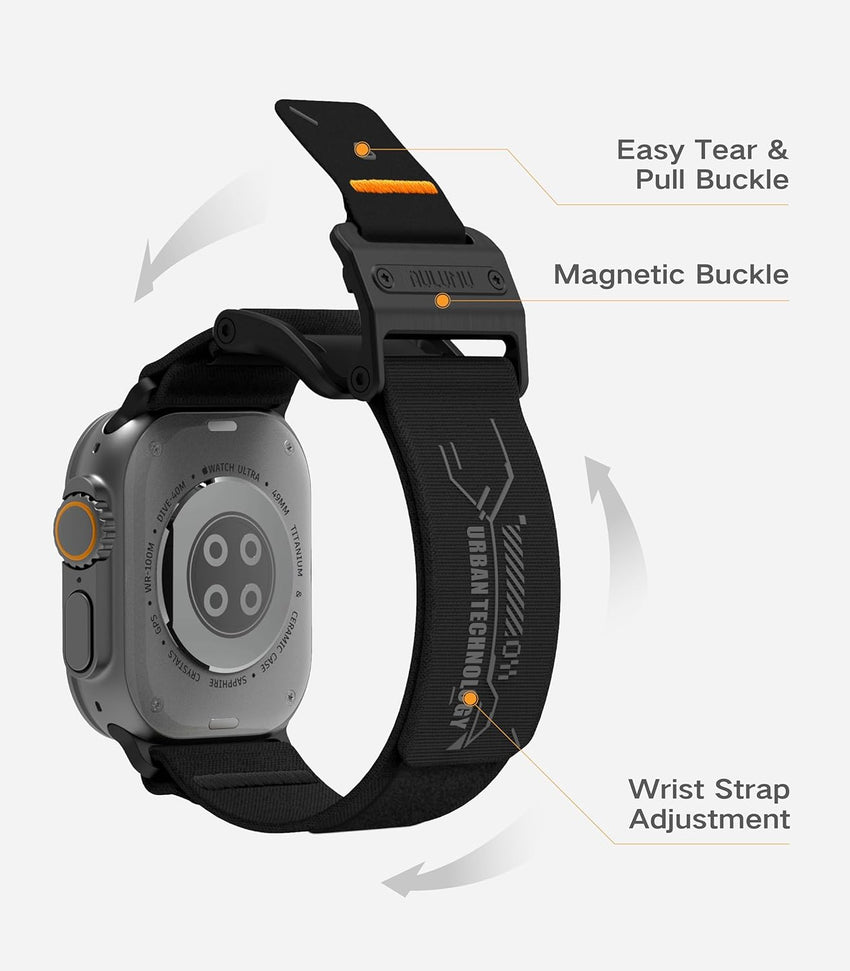 Aulumu A11 Mag Buckle Slim Band Designed for Apple Watch | Memory Quick Release | Velvet Nylon Braid | Stainless Steel Magnetic Clasp-Silver Black
