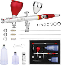 NEOECO SJ83 Airbrush, Self-Centring Plug-in Nozzleï¼0.2, 0.3 & 0.5mm Nozzle Sets and 1/3 oz Cup, Dual-Action Gravity Feed Airbrush with 1/3 oz,2/3 oz,4/3 oz Replacement Cups (RED)