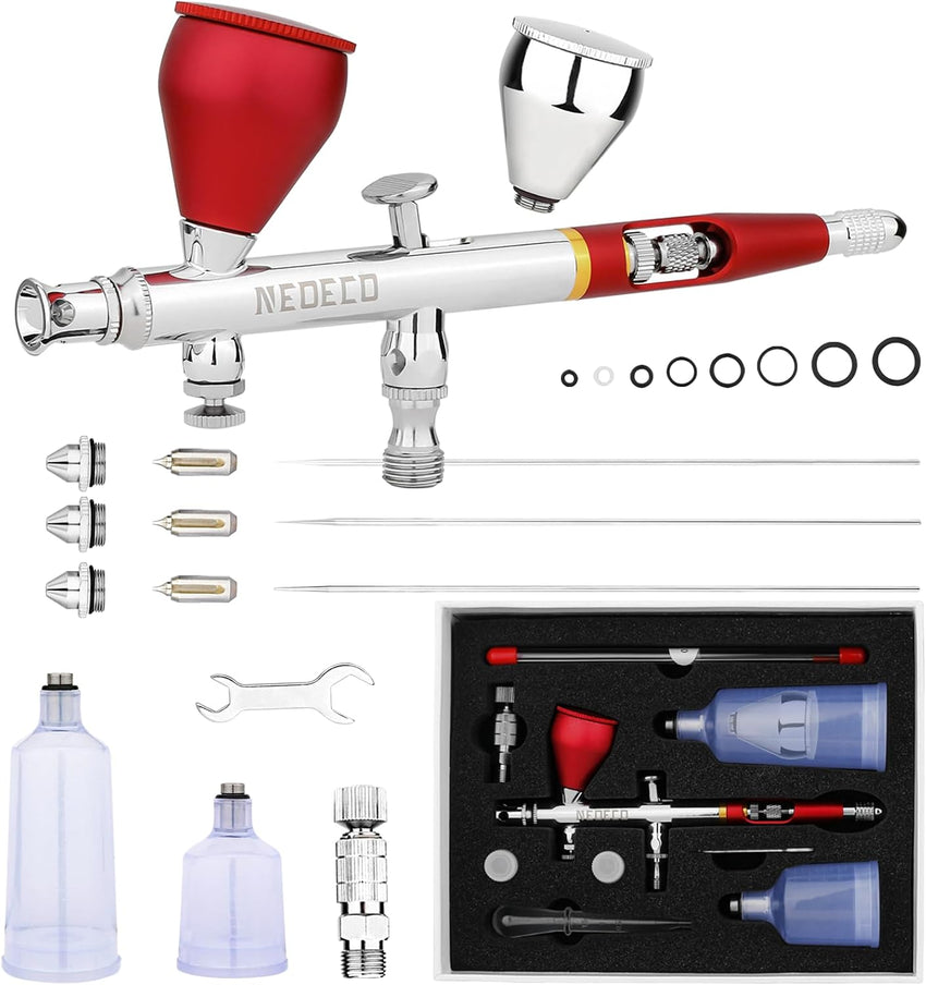 NEOECO SJ83 Airbrush, Self-Centring Plug-in Nozzleï¼0.2, 0.3 & 0.5mm Nozzle Sets and 1/3 oz Cup, Dual-Action Gravity Feed Airbrush with 1/3 oz,2/3 oz,4/3 oz Replacement Cups (RED)