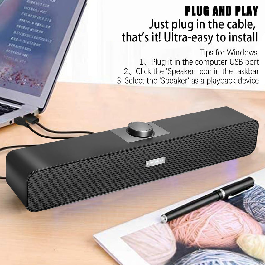 FAYAZ Computer Speakers for Desktop, 6W Stereo USB Computer Soundbar with 2 Diaphragms,3.5mm Aux Input, Knob Volume Control, Wired/Wireless Bluetooth 5.0 Soundbar for Desktop Smartphones Laptop,Black