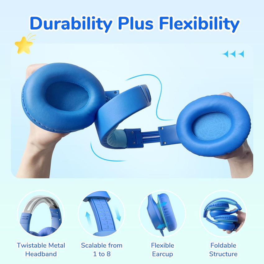 EarFun Kids Headphones Wired, Over Ear Foldable Headphones with Microphones, 85/94dBA Safe Volume Limit, HD Stereo Sound, 3.5mm Jack, Children Headphone for School/Travel/Boys/Teen/Tablet/Pad, Blue