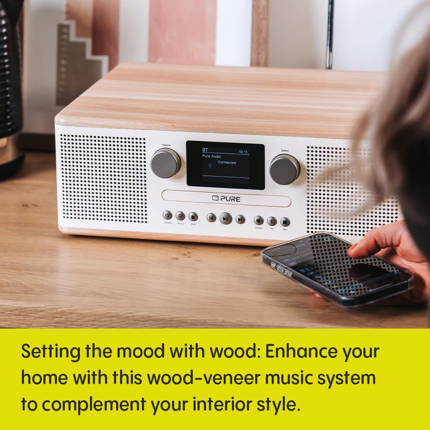 Pure Classic C-D6 Music System (CD Player, DAB+/FM, Bluetooth, AUX, USB, Alarm Sleep Timer) Cotton White/Oak