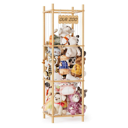 Stuffed Animal Storage Organizer Wooden Zoo Toy Holder Large Capacity 15.8in Wide Natural
