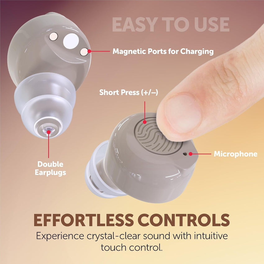 Rechargeable In-Ear Sound Amplifiers (Pair) Touch Control Noise Reduction LED Charging Case Beige
