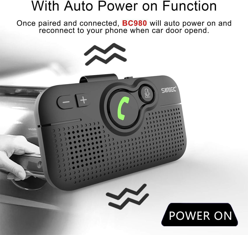 SUNITEC Hands Free Car Phone Kit Bluetooth 5.1, AUTO Power ON, Support Siri Assistant, Voice Guidance, 3W Speaker, Bluetooth Car Phone Hands Free Kit with Visor Clip-BC980P