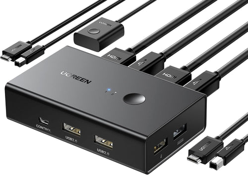 UGREEN HDMI KVM Switch 2 PC 1 Monitor Support 4K@60Hz, 4 Port USB KVM Switches for 2 Computers Share Keyboard/Mouse/Hard Drives/Printer and 1 Monitor, KVM Switcher with 2 USB Cables and 2 HDMI Cable