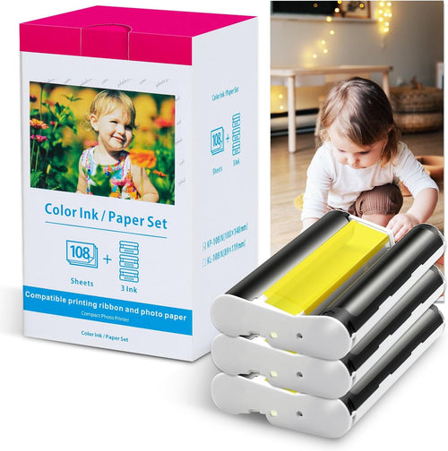 Compatible for Canon Selphy CP1500 CP1300 CP1000 Ink and Paper Set, KP-108IN 108 Sheets Glossy Photo Paper 100 x 148mm + 3115B001(AA) 3 Color Ink Cartridge Cassette for Selphy CP1200 CP790 CP810 CP910