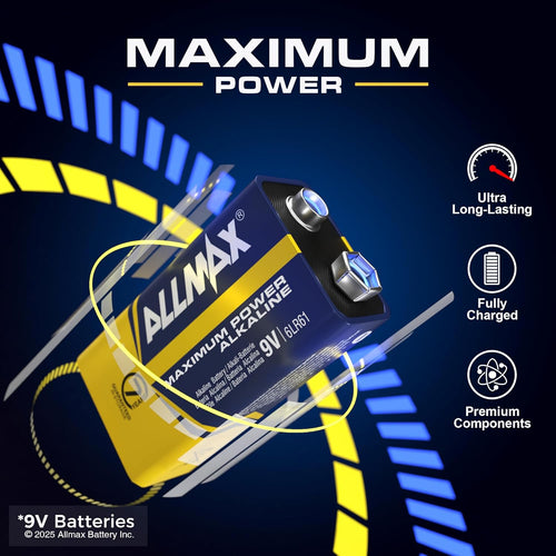 Allmax 9V (6LR61) Maximum Power Alkaline Batteries (8 Count) - Ultra Long-Lasting, Leakproof Design, 7-Year Shelf Life, Maximum Performance, Perfect for Smoke Detectors (9 Volt)