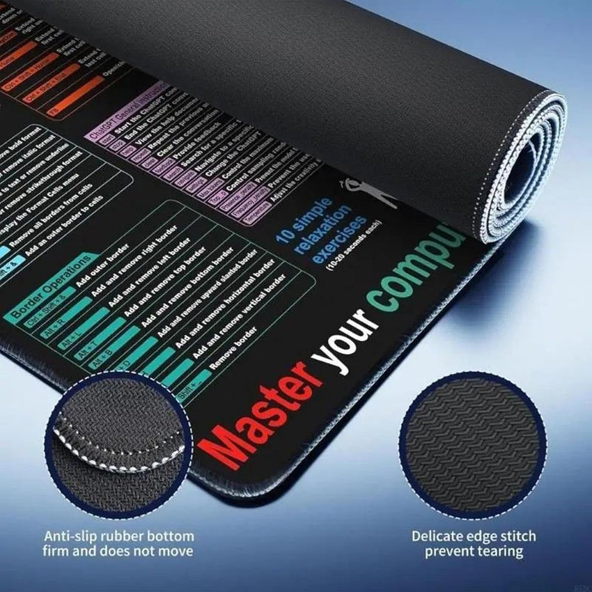 Keyboard Shortcut Mat - Black Oversize Desk Mouse Pad 40x90 Cm, Non-Slip, Dirt Resistant Computer Mat | Smooth Accessory Shortcut Guide for Coding Study Office Room Home Setup