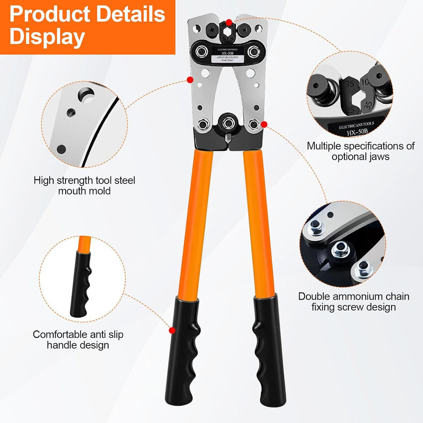 Polegas Battery Cable Crimping Tool Kit 60 Copper Ring Terminals 6-50mm Black