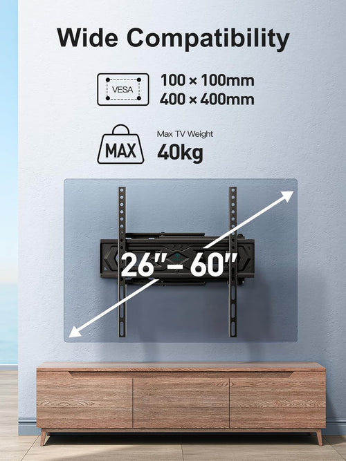 PERLESMITH TV Wall Bracket for 26-60 inch TVs, Swivel Tilt TV Bracket with Tool-free Tilt Adjustment and Spirit Level, Wall Mount Supports up to 40kg, Max VESA 400x400mm PSMFK10